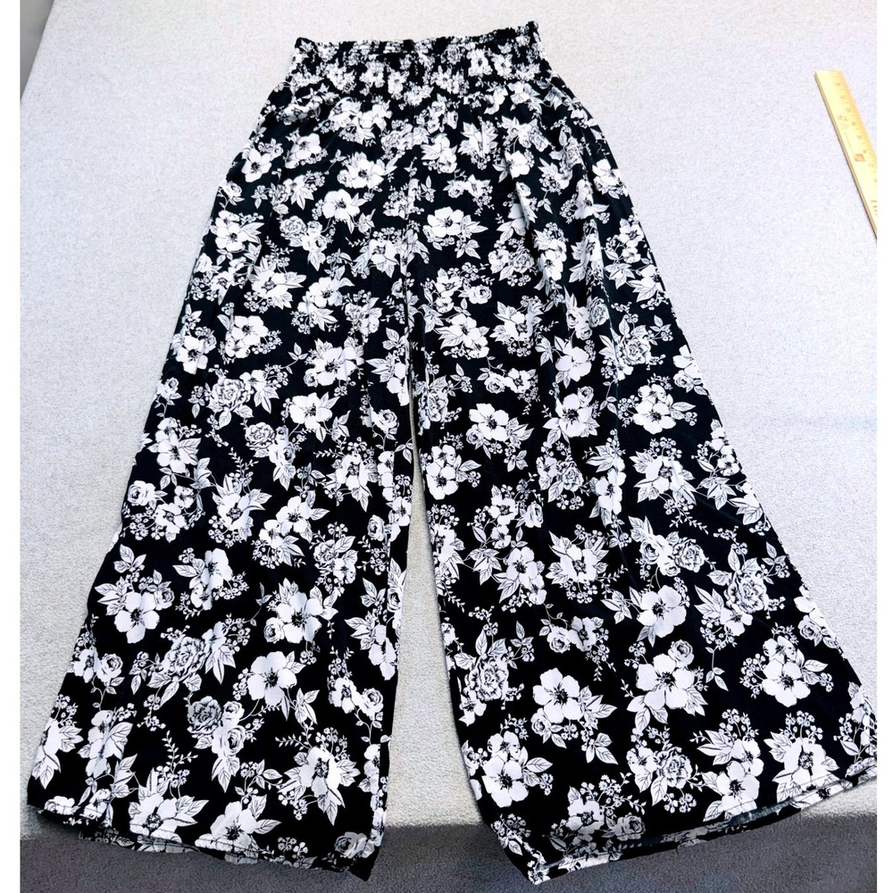 Classic Concepts Women 2XL Black White Floral Wide Leg Palazzo‎ Pants Flowy Airy
